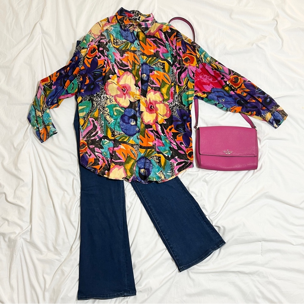 Vintage Andrew’s Sport Studio Colorblock Floral Button-Down Blouse